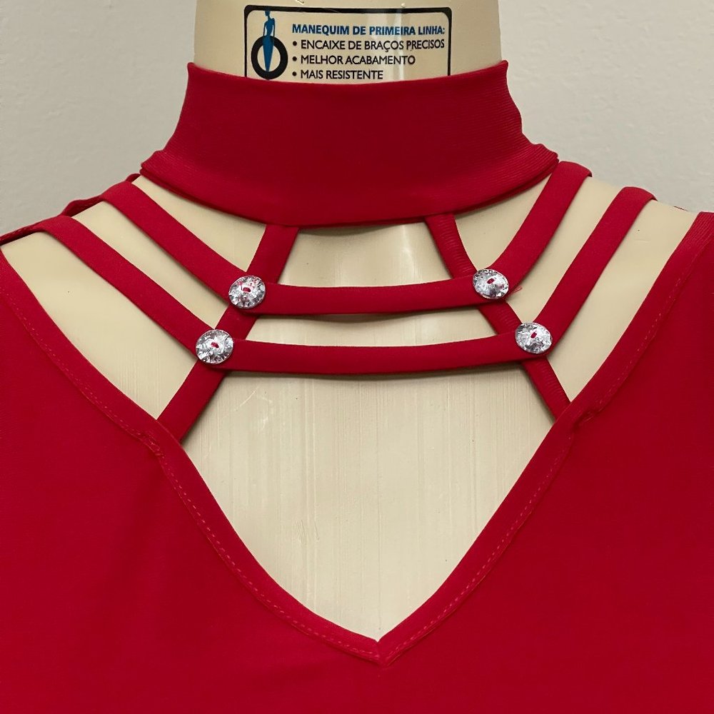 Atelier Blouse, Women's Size XL Red, halter neck  imitation crystals, sleeveless